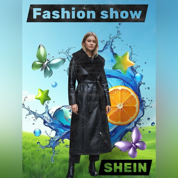 Vintage style SHEIN Black Faux Leather Long Trench Coat with Shearling Collar - Picture 11 of 17